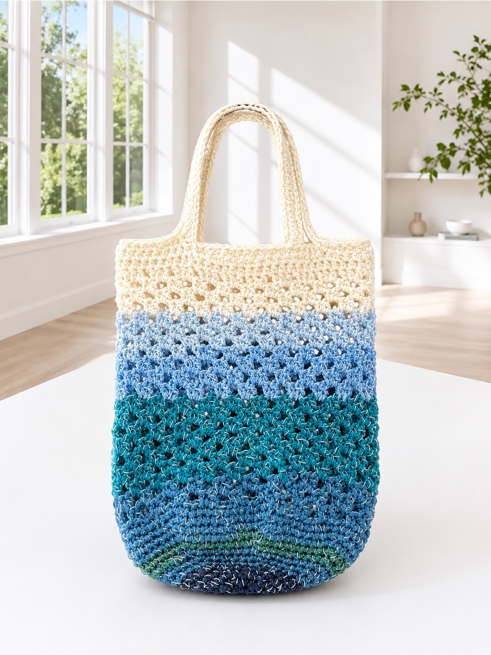 Homemade Cream and Blue Gradient Crochet Tote Bag - EUC